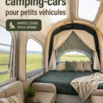 Caravane pop-up colorée installée près d'un lac, parfaite pour camping.