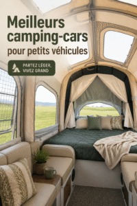 Caravane pop-up colorée installée près d'un lac, parfaite pour camping.