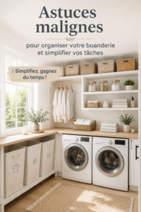 Buanderie organisée avec des paniers et des étagères bien disposées