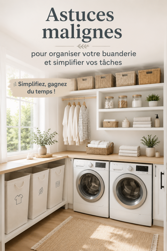 Buanderie organisée avec des paniers et des étagères bien disposées