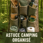 Organiseur à chaussures suspendu utilisé pour ranger des équipements de camping dans une tente