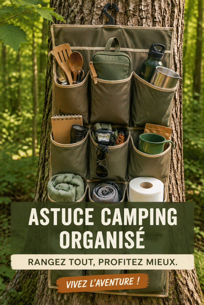 Organiseur à chaussures suspendu utilisé pour ranger des équipements de camping dans une tente