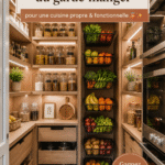 Un garde-manger bien rangé avec des bocaux et des étagères décoratives.