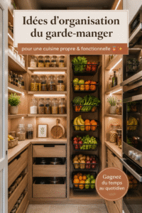 Un garde-manger bien rangé avec des bocaux et des étagères décoratives.