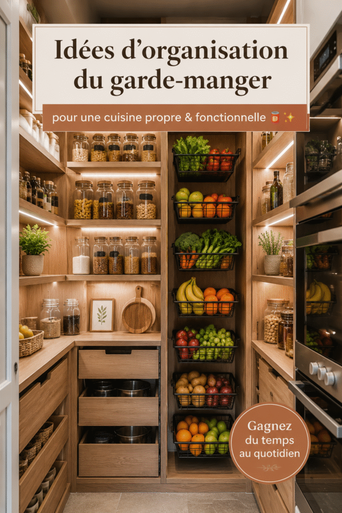Un garde-manger bien rangé avec des bocaux et des étagères décoratives.