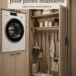 Un placard à linge organisé avec des étagères et des paniers assortis.