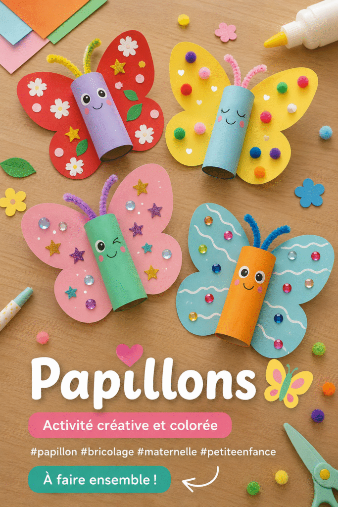 Un ensemble de papillons en papier multicolores sur une table de bricolage