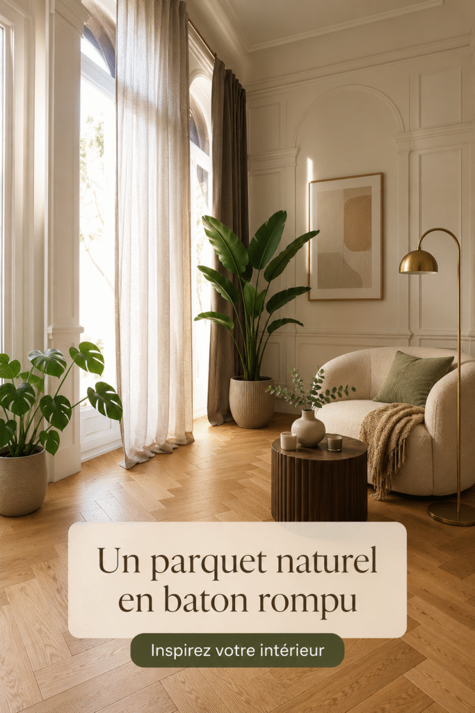 Salon chaleureux avec parquet en bâton rompu naturel
