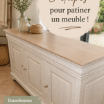 Un meuble patiné dans des tons pastel, montrant une technique de décoration moderne.