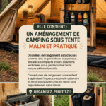 Tente de camping avec des organisateurs suspendus et des bacs pour un rangement optimal