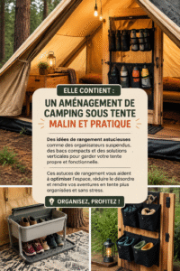 Tente de camping avec des organisateurs suspendus et des bacs pour un rangement optimal