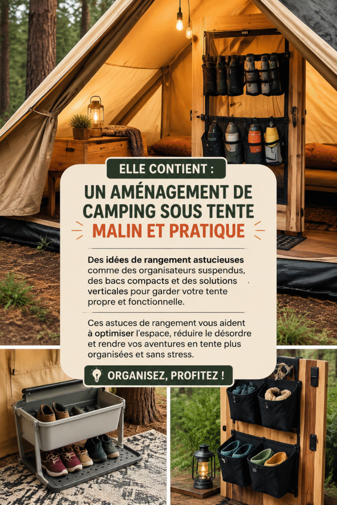 Tente de camping avec des organisateurs suspendus et des bacs pour un rangement optimal
