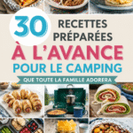 Repas de camping préparés à l'avance, prêts à être dégustés par la famille dans la nature.