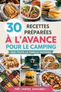 Repas de camping préparés à l'avance, prêts à être dégustés par la famille dans la nature.