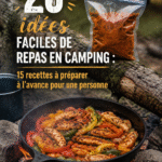 Des plats savoureux préparés pour un camping réussi, avec des produits frais disposés sur une table extérieure.