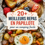 Repas en papillote prêt à cuire sur un feu de camp.