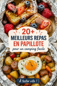Repas en papillote prêt à cuire sur un feu de camp.