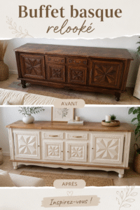 Buffet basque relooké en bois clair avec des accessoires décoratifs modernes