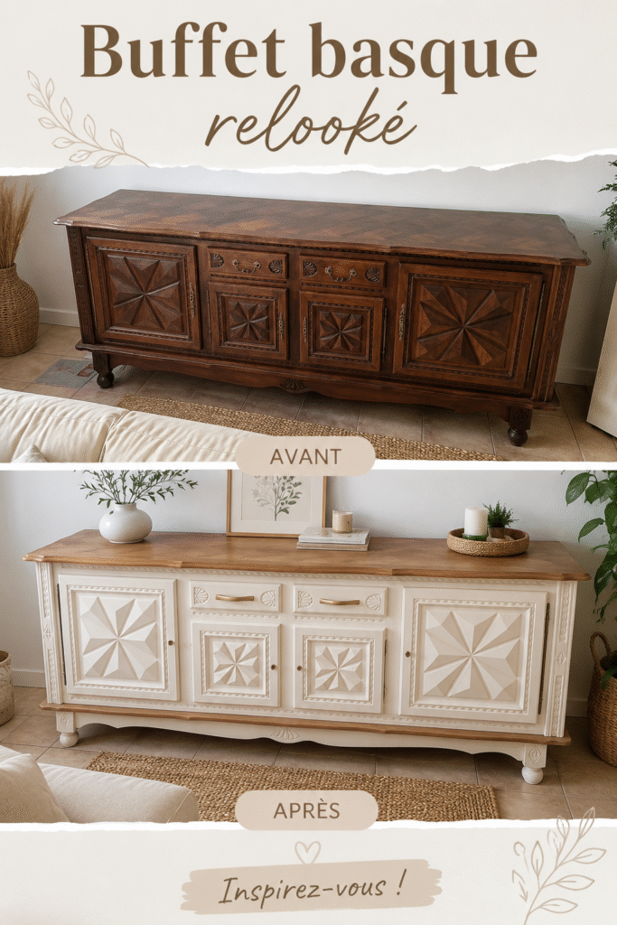 Buffet basque relooké en bois clair avec des accessoires décoratifs modernes