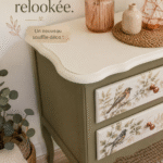 Petite commode relookée avec des couleurs vibrantes et un design unique.