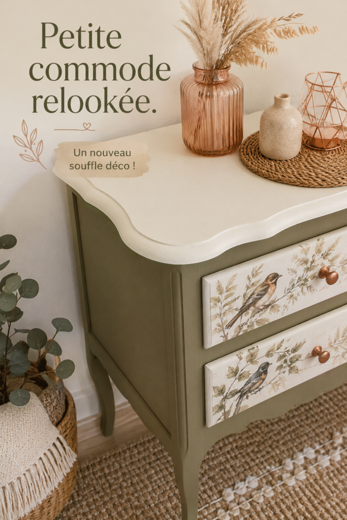 Petite commode relookée avec des couleurs vibrantes et un design unique.