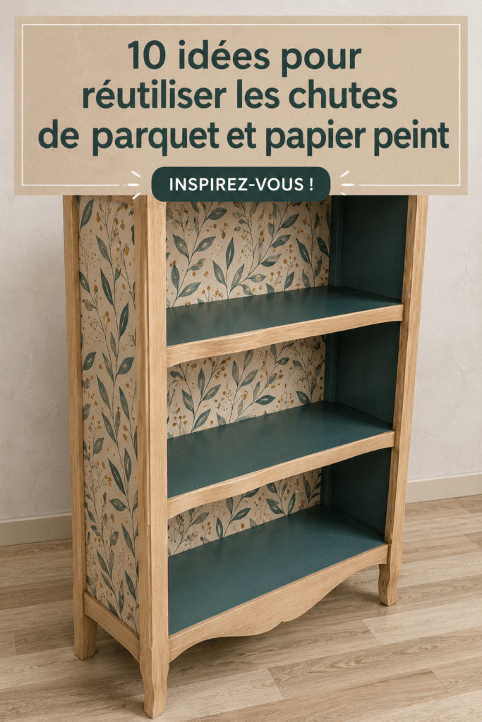 Chutes de parquet et papier peint sur une table de bricolage, prêtes à être réutilisées.