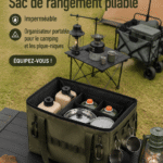 Sac de rangement pliable et étanche, idéal pour le camping et le pique-nique, posé dans un espace extérieur.