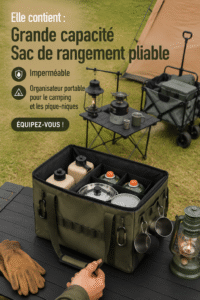 Sac de rangement pliable et étanche, idéal pour le camping et le pique-nique, posé dans un espace extérieur.