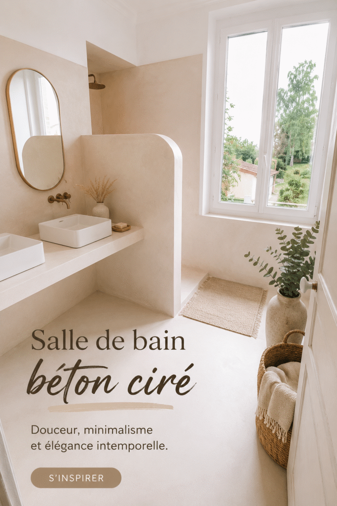 Salle de bain moderne avec un revêtement en béton ciré, présentant des couleurs grisâtres et des finitions élégantes.