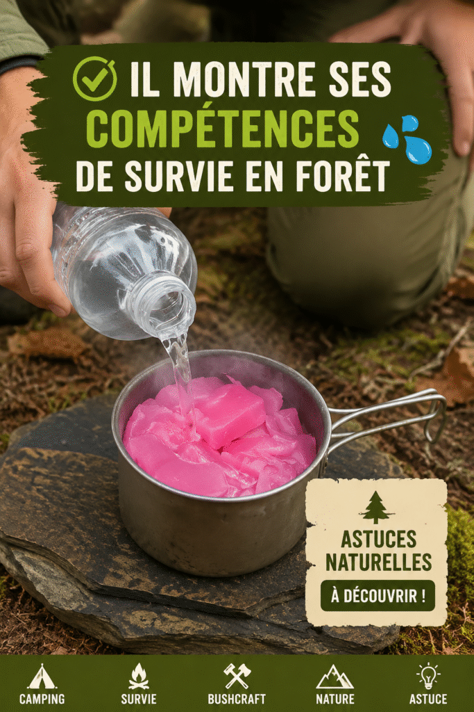 Homme pratiquant des techniques de survie en forêt avec un abri improvisé.