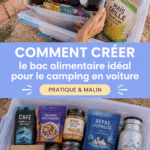 Système de rangement alimentaire organisé pour camping en voiture, contenant des boîtes et des ustensiles.