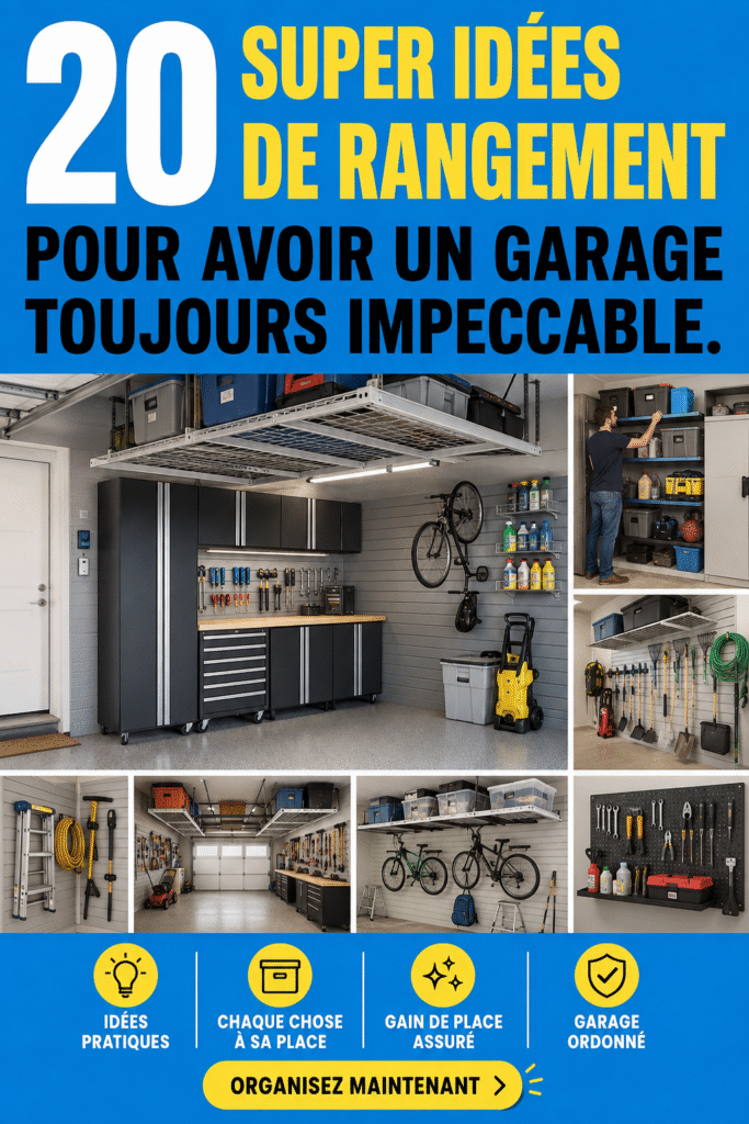 Un garage bien rangé avec des étagères et des outils organisés, montrant des idées pratiques.