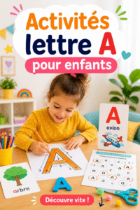 Des enfants s'amusent avec des activités sur la lettre A, entourés de couleurs vives et de matériel créatif.