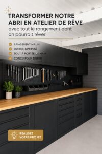 Cabanon transformé en atelier de rêve avec des solutions de rangement pratiques.