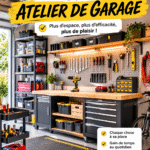 Un atelier de garage bien organisé en plein air avec des outils et matériel de camping.