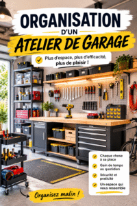 Un atelier de garage bien organisé en plein air avec des outils et matériel de camping.