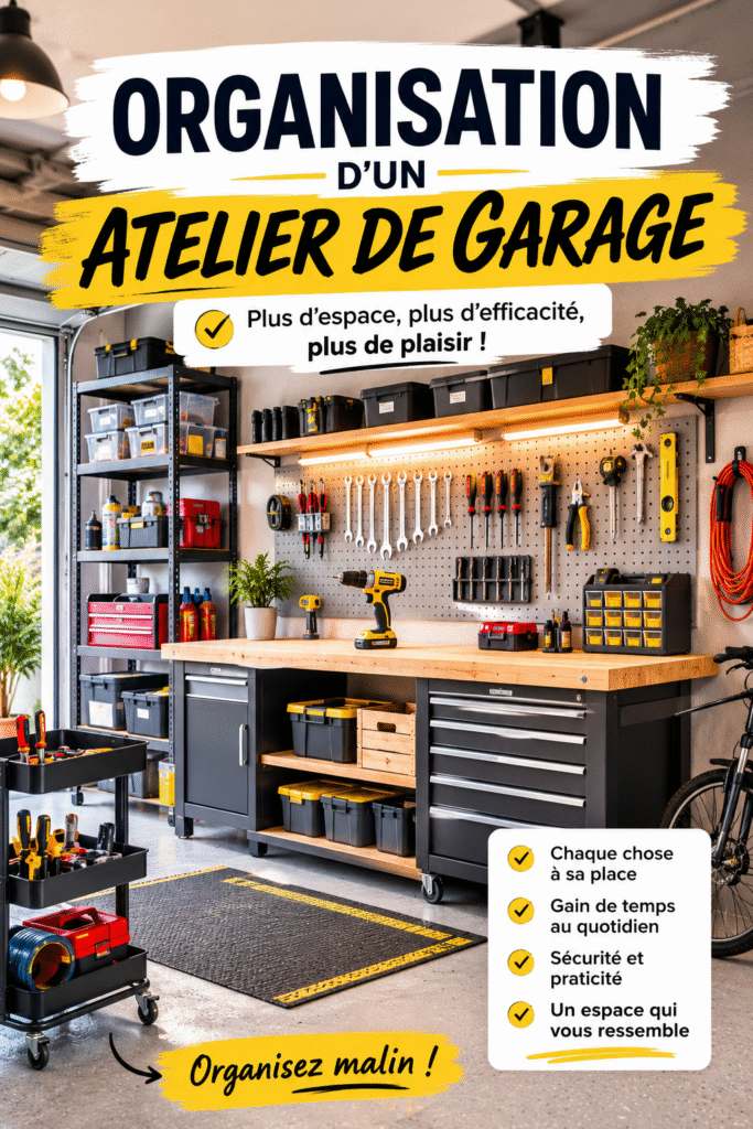 Un atelier de garage bien organisé en plein air avec des outils et matériel de camping.