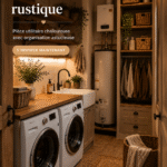 Une buanderie rustique avec des éléments en bois et des touches cosy.