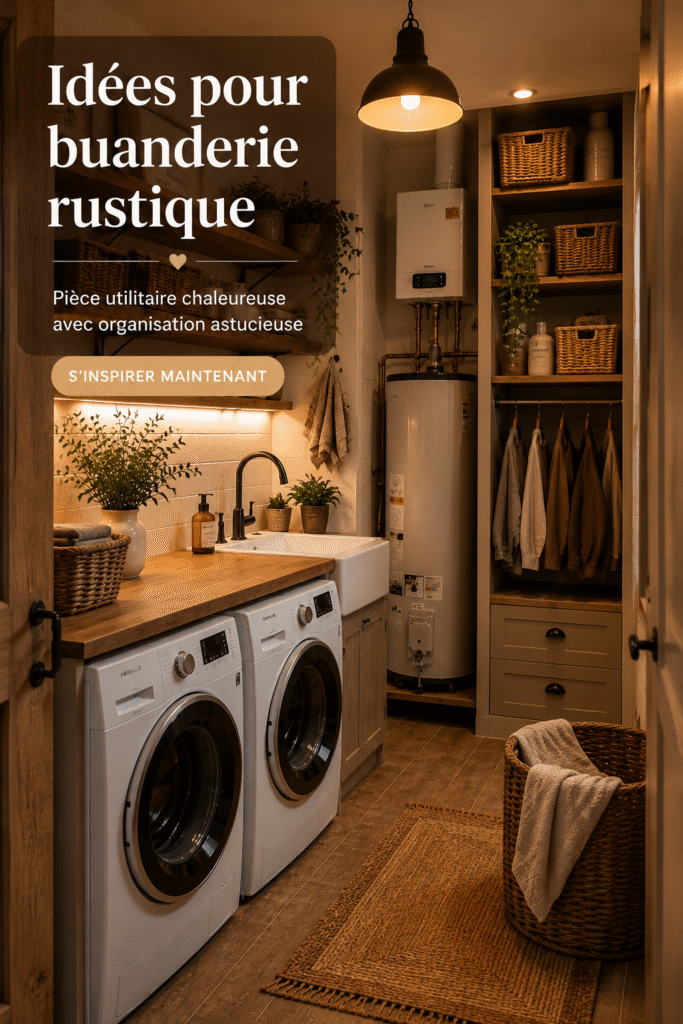 Une buanderie rustique avec des éléments en bois et des touches cosy.