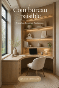 Un coin bureau apaisant et minimaliste avec des plantes et un éclairage doux