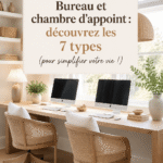 Aménagement d'un bureau dans une chambre d'amis avec un lit et un bureau décoratif.