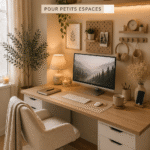 Un bureau cosy avec des teintes neutres et des décorations apaisantes