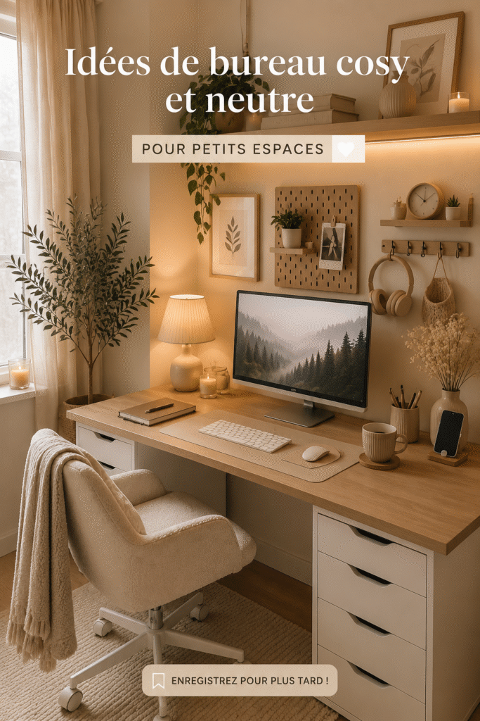 Un bureau cosy avec des teintes neutres et des décorations apaisantes