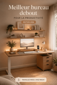 Un bureau debout bien aménagé avec un ordinateur, plantes et accessoires pour un espace de travail harmonieux.