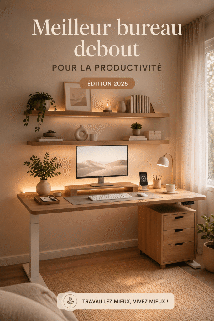 Un bureau debout bien aménagé avec un ordinateur, plantes et accessoires pour un espace de travail harmonieux.