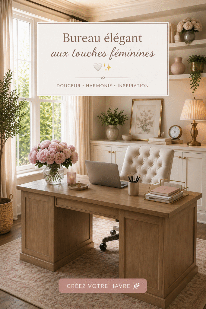 Un bureau féminin élégant avec des touches de décoration douce