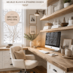 Un bureau lumineux et moderne avec des meubles blancs et des étagères en bois