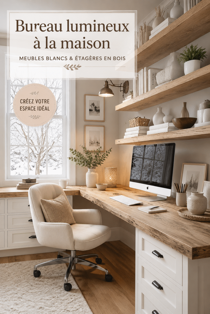 Un bureau lumineux et moderne avec des meubles blancs et des étagères en bois