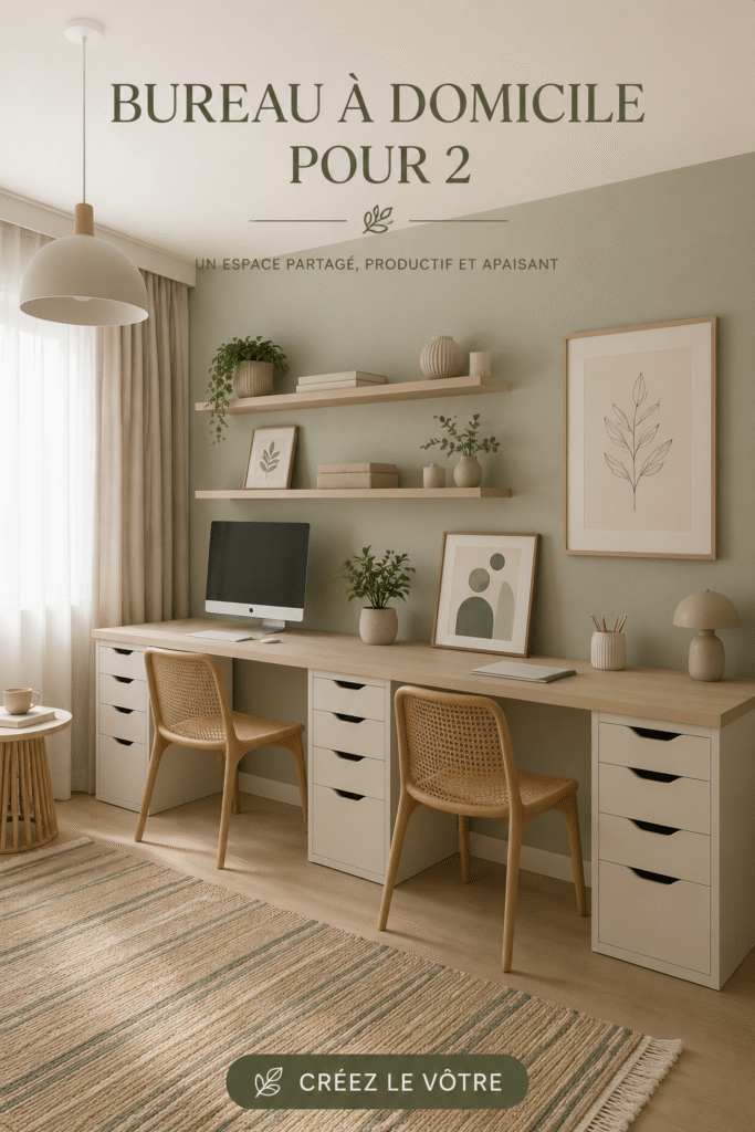 Aménagement d'un bureau à domicile pour deux personnes avec espace de travail convivial.