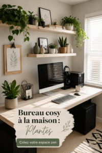 Un bureau à domicile inspiré par la nature avec des plantes et un éclairage chaleureux